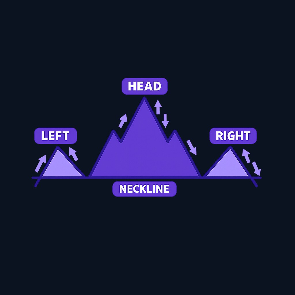 The four components of a classic head and shoulders pattern. The neckline connects the two troughs and acts as the trigger level for the reversal signal.