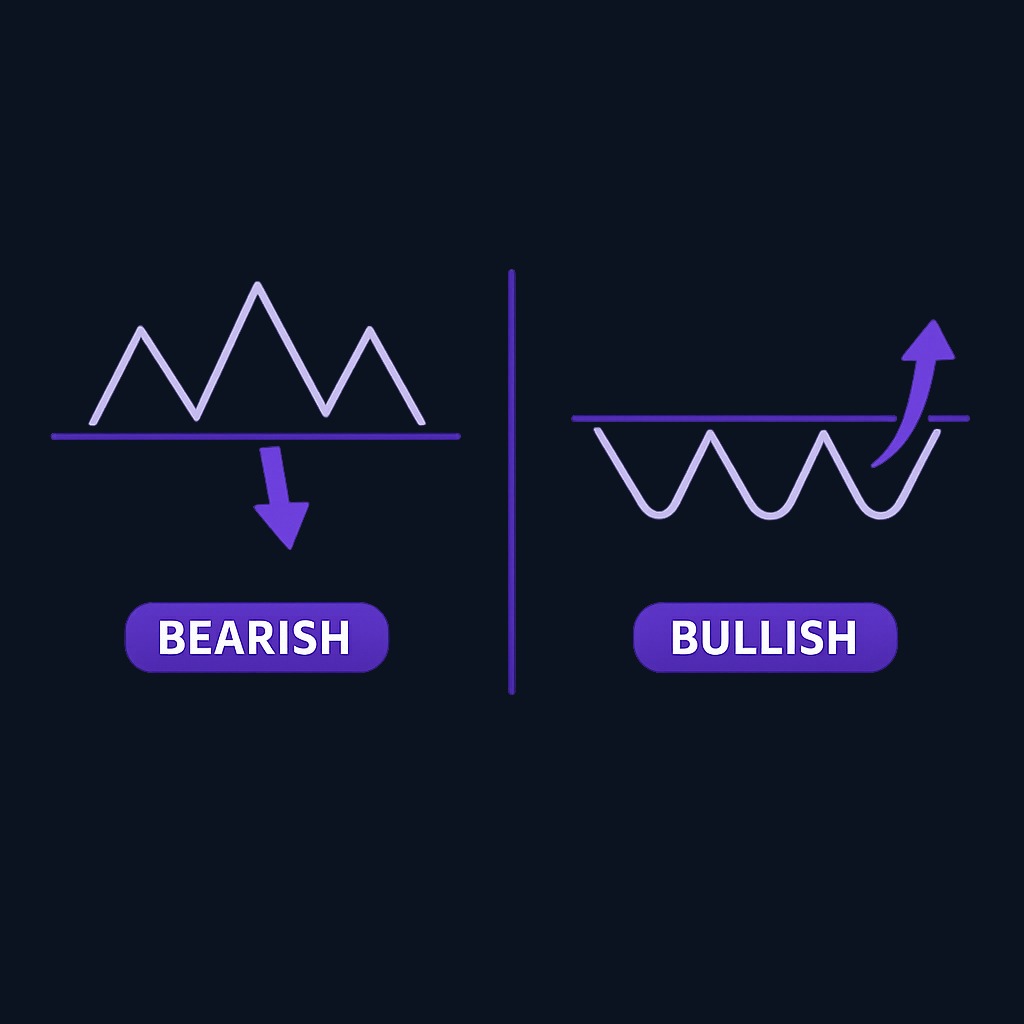 The inverse head and shoulders mirrors the classic pattern. It forms after a downtrend, with three troughs instead of peaks, and signals a potential bullish reversal when price closes above the neckline.