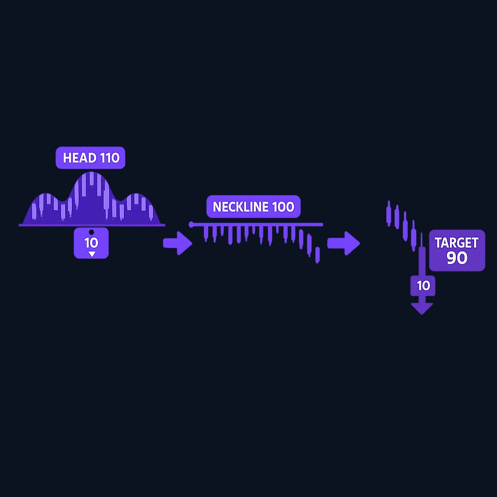 The measured-move target projects the distance from head to neckline downward from the breakout point. If the head peaks at 110 and the neckline sits at 100, the 10-point distance projects a target near 90. This is a planning tool, not a guarantee.