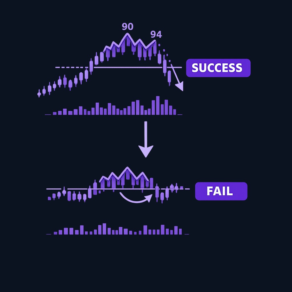 Two outcomes from similar shapes. Top: valid setup with prior uptrend, volume confirmation, clean break, and follow-through. Bottom: invalid setup after sideways action, light volume, failed break. Context and confirmation separate signal from noise.