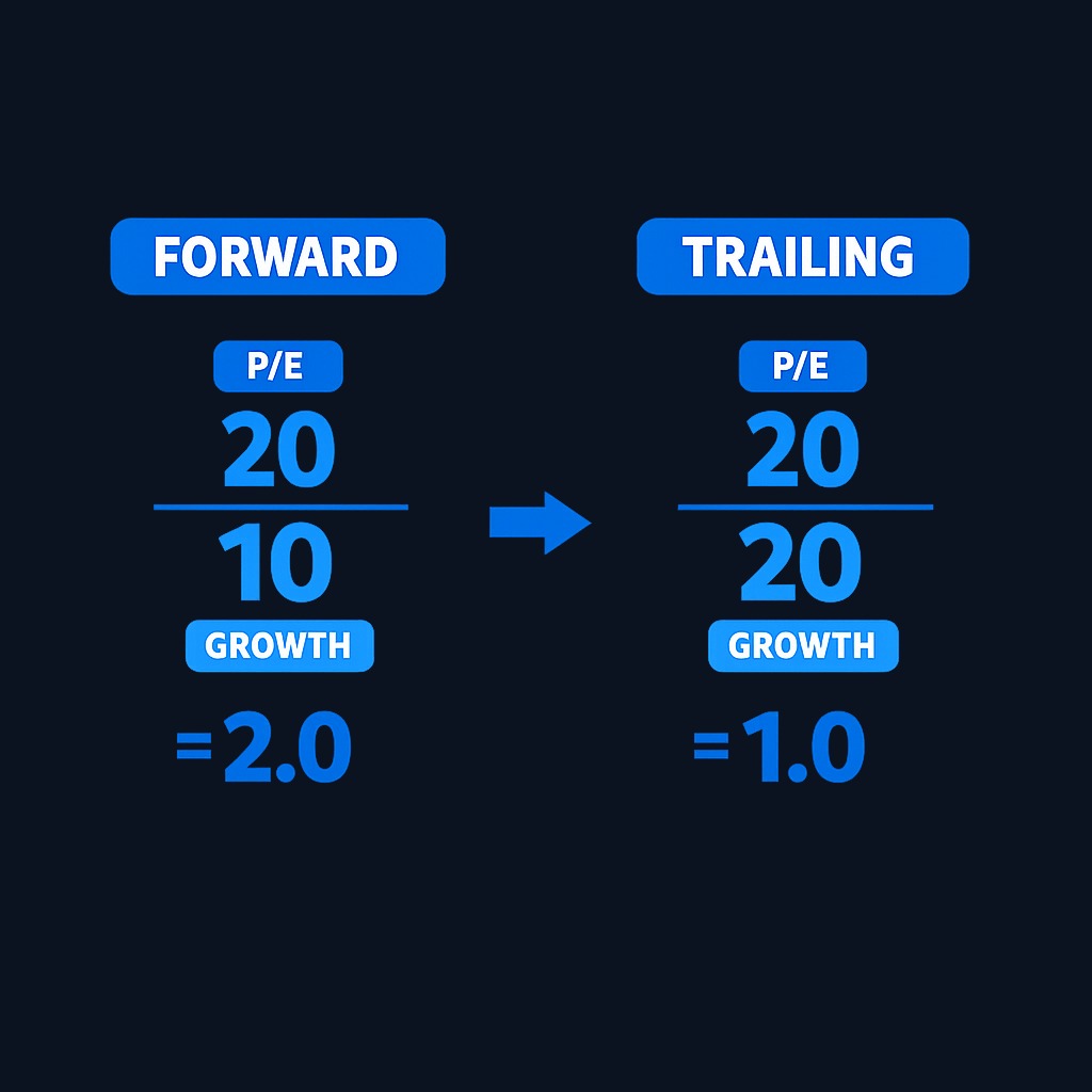 Two calculation examples: A stock with forward P/E of 20 and expected 10% growth yields PEG = 2.0. Another with trailing P/E of 20 and actual 20% growth yields PEG = 1.0. Same P/E, different growth context, very different PEG outcomes.