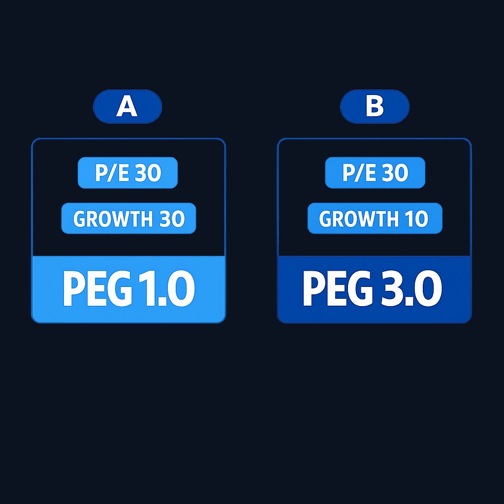 Company A and Company B both trade at P/E of 30. Company A expects 30% earnings growth (PEG = 1.0), suggesting fair valuation.