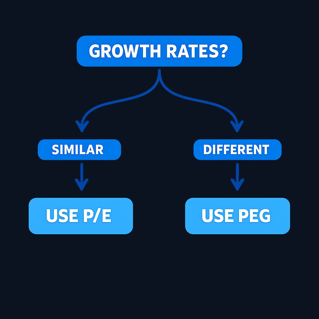 Use P/E when comparing companies with similar growth rates in the same industry—the raw price multiple is enough. Use PEG when growth