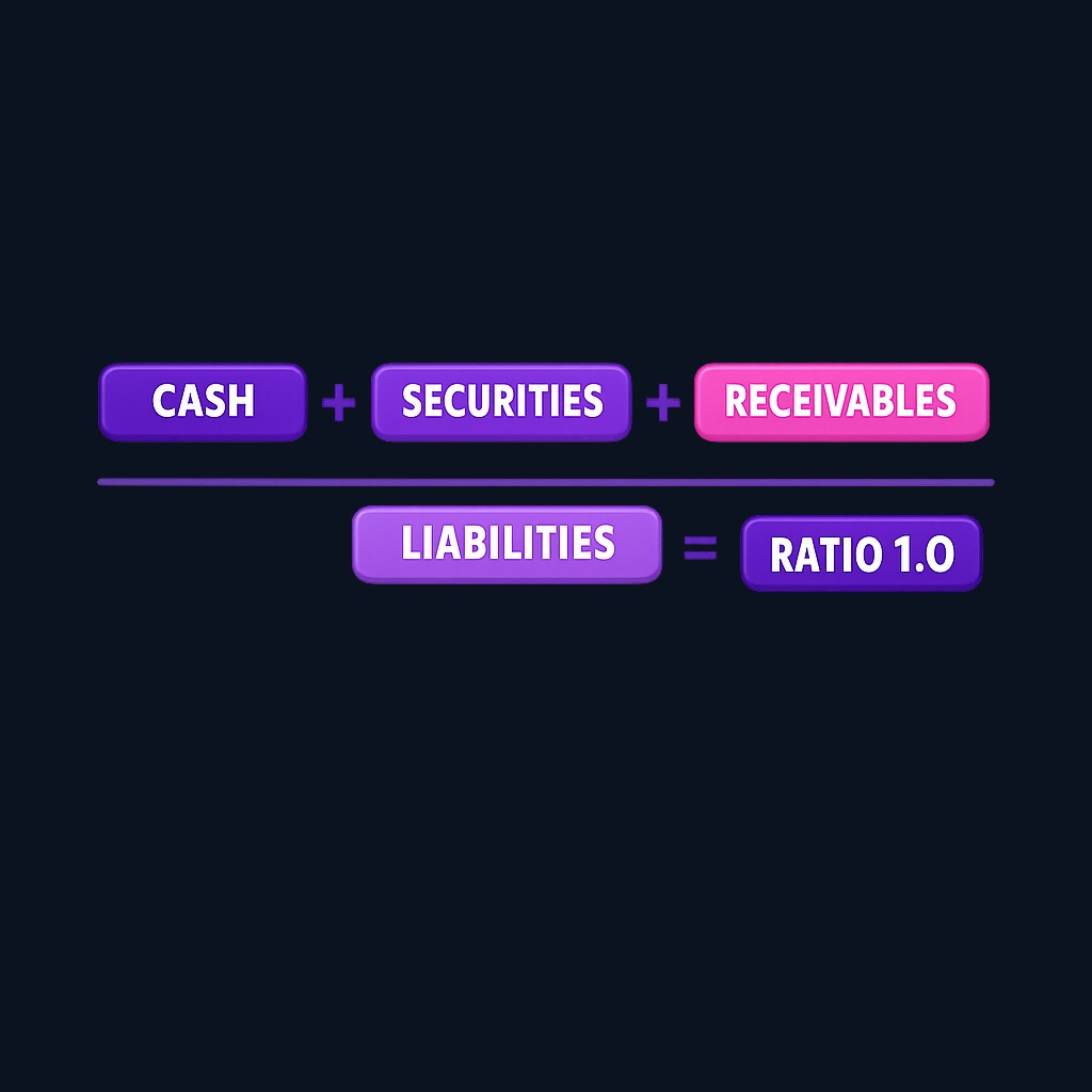 The quick ratio formula: add your most liquid assets (cash, securities you can sell quickly, and money customers owe you), then divide by what you owe in the near term. A result of 1.0 means perfect coverage.