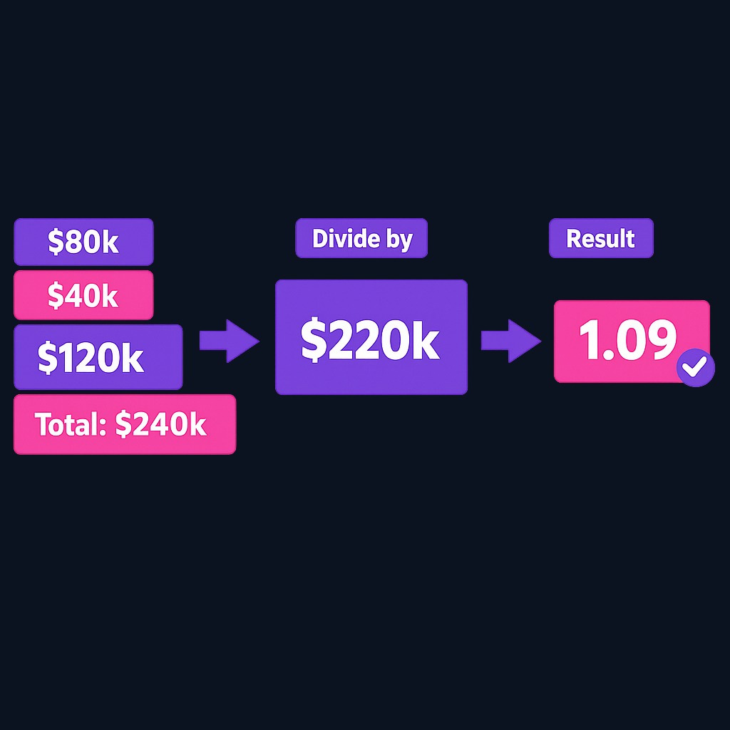 Example calculation: $80,000 cash + $120,000 receivables + $40,000 securities = $240,000 quick assets. Divided by $220,000 current