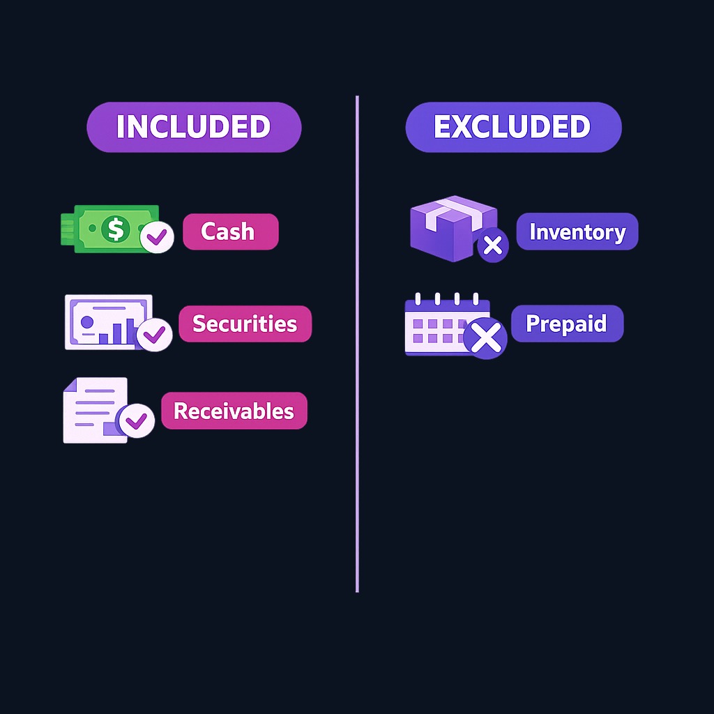 Quick assets vs excluded items: The quick ratio counts only what converts to cash fast—currency, liquid investments, and customer payments due soon. Inventory and prepaid expenses stay out because they can't reliably become cash on short notice.