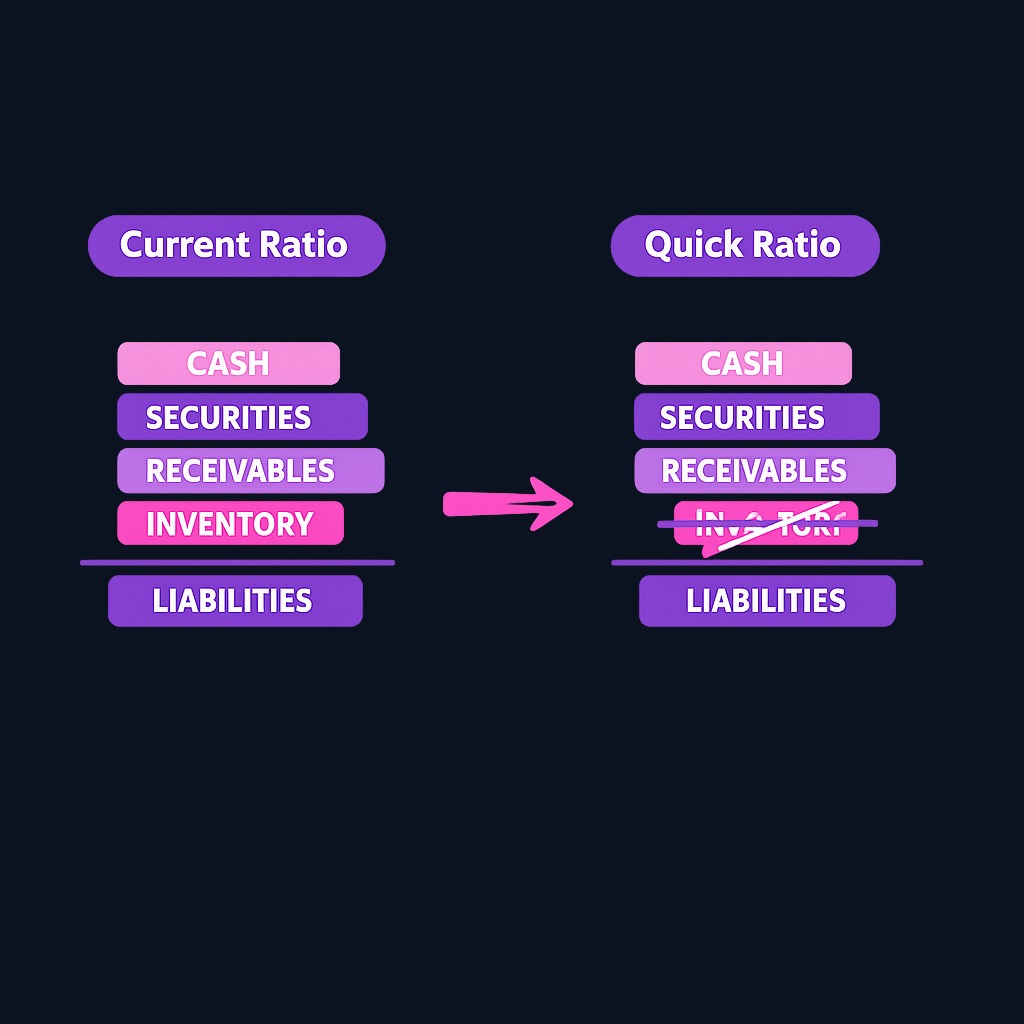 Quick ratio vs current ratio: The current ratio includes inventory, making it more lenient. The quick ratio strips out inventory for a tougher test.