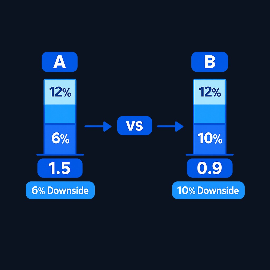 Two portfolios, both returning 12%, reveal their difference through downside risk. Portfolio A's lower downside deviation (6%) produces a