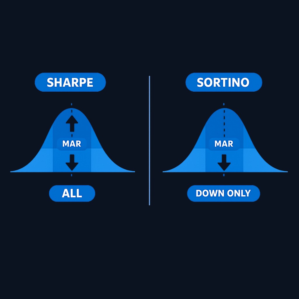 Sharpe ratio penalizes all volatility equally (both upside and downside), while Sortino focuses only on downside risk. For skewed strategies—