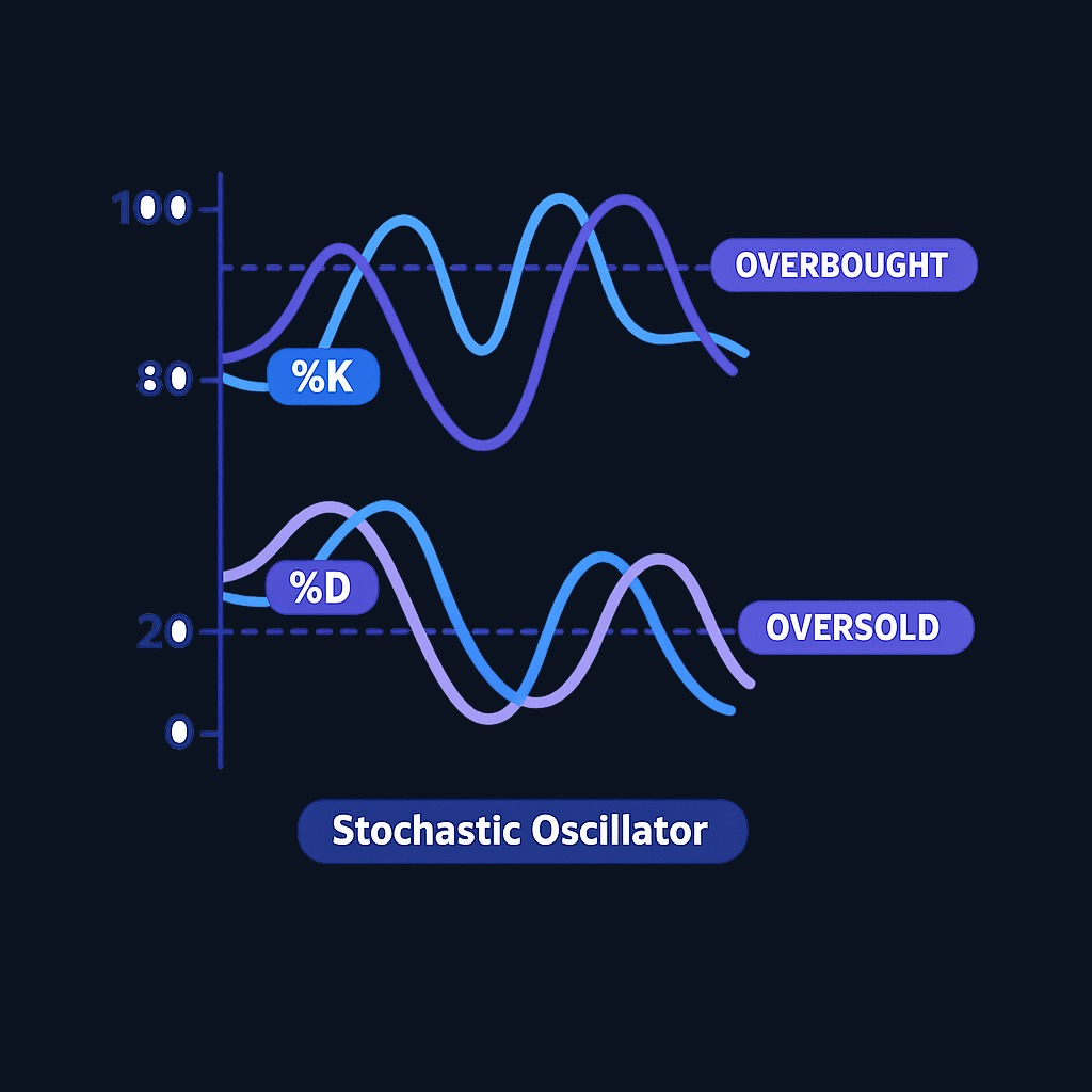 The stochastic oscillator displays two lines: the fast %K line and the slower %D signal line, both moving between 0 and 100. Readings above 80 are considered overbought; below 20, oversold.