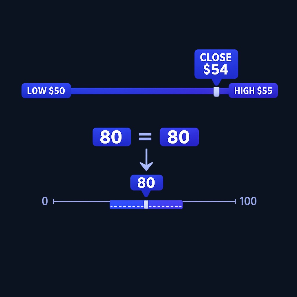 In this example, the stock's 14-period range is $50 to $55. With today's close at $54, the calculation yields %K = 80, placing the oscillator exactly at the overbought threshold. A drop to $52 the next day moves %K to 40, signaling fading momentum.