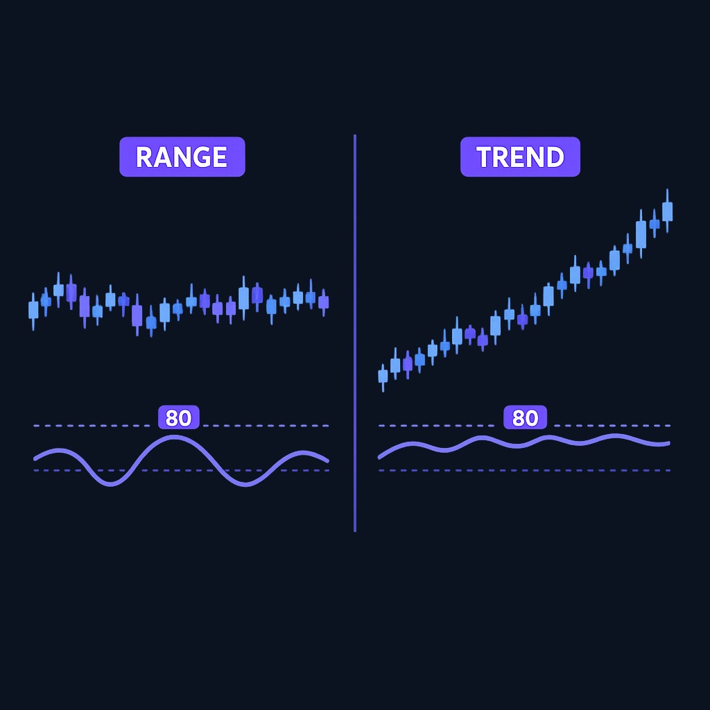 In a sideways market (left), a reading above 80 often precedes a reversal downward. In a trending market (right), the oscillator can stay above 80 for extended periods, signaling persistent strength rather than an imminent turn.