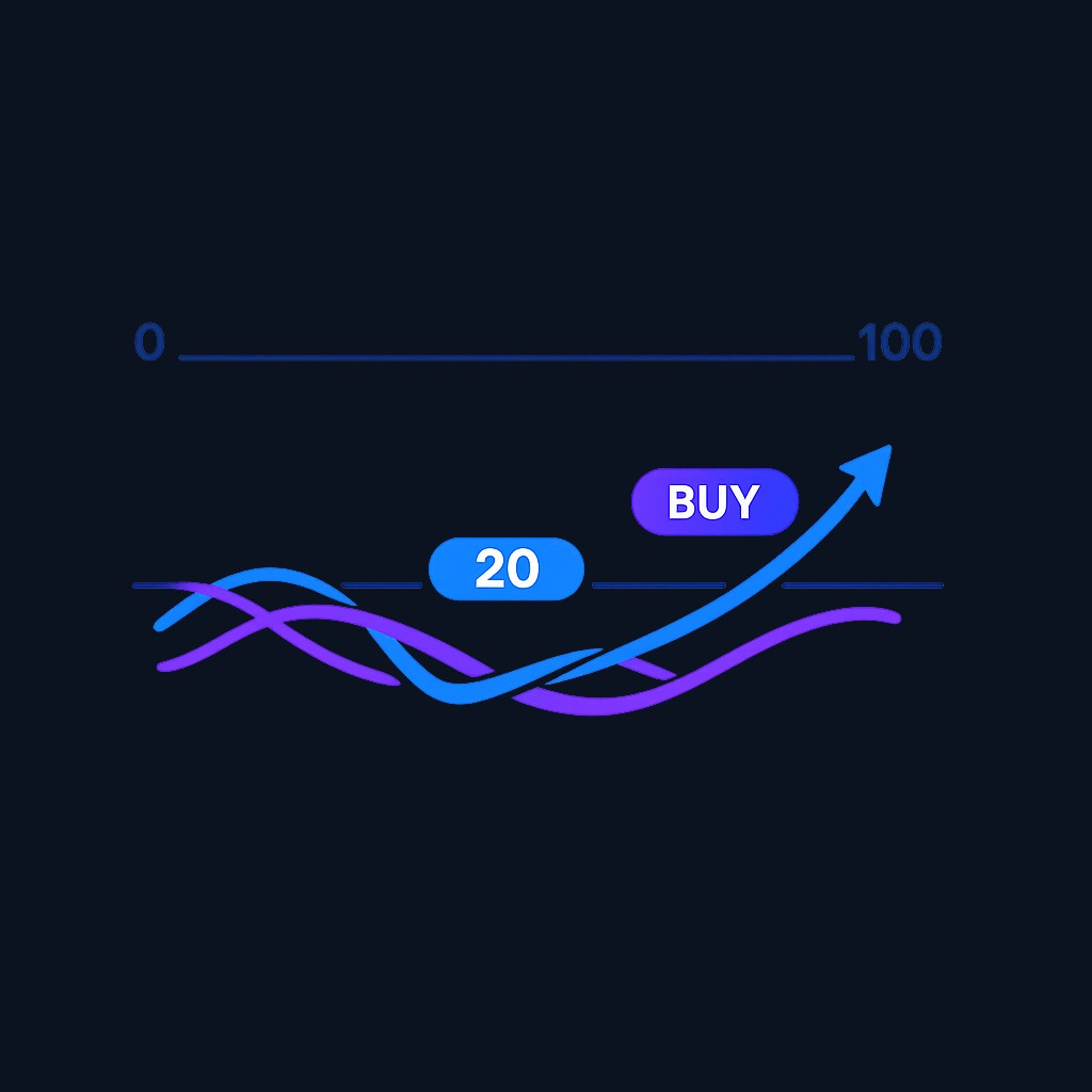 A bullish crossover occurs when the fast %K line crosses above the slow %D line while both are below 20 (oversold). The mirror signal—%K crossing below %D above 80—is considered bearish. These are entry timing conventions, not automatic trade triggers.
