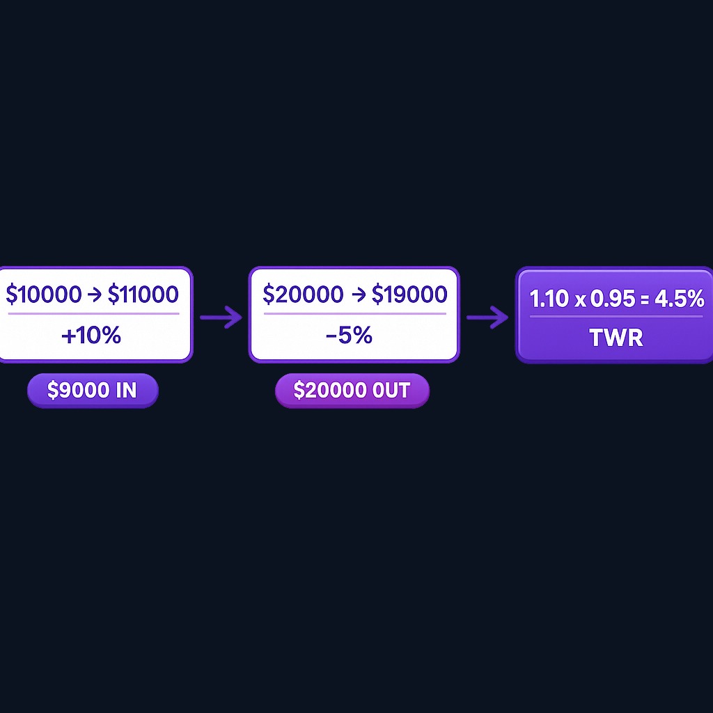 The account grew 10% in the first period and fell 5% in the second. TWR links these subperiod returns (1.10 × 0.95 − 1 = 4.5%) regardless of the $9,000 deposit timing. The calculation grades only how the invested money performed, not when new money arrived.