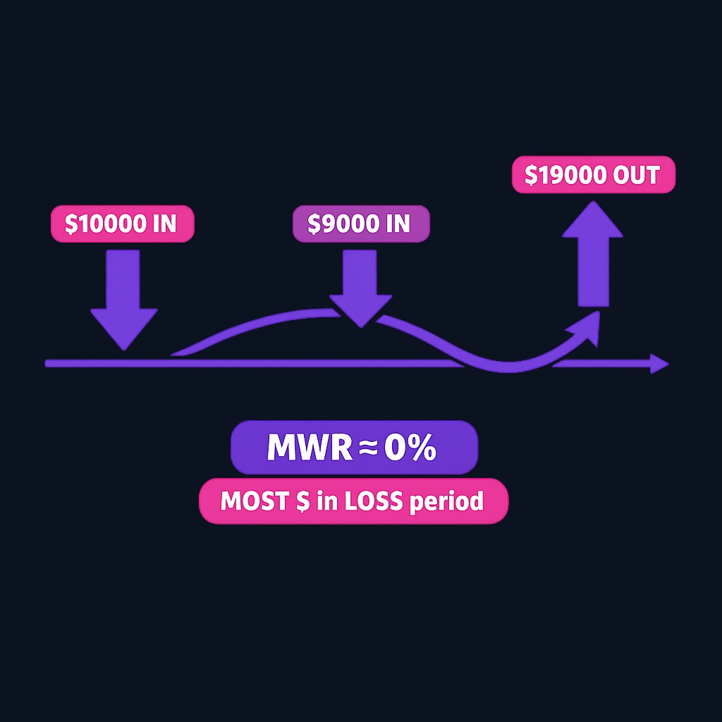 With MWR, the timing matters. You invested $10,000 initially and $9,000 mid-period (total $19,000 in), and ended with $19,000. Most of your money experienced only the losing stretch, so your MWR is near 0%—far below the 4.5% TWR.