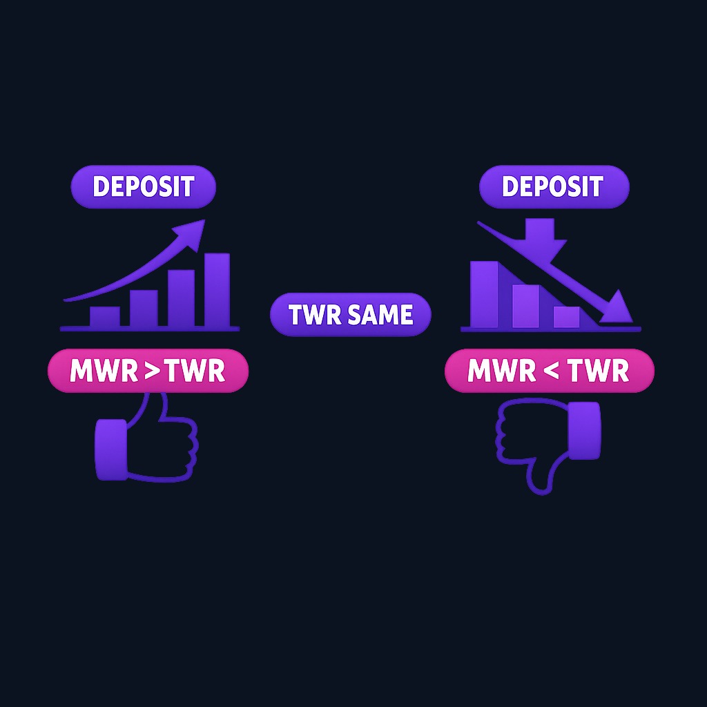 Timing drives the gap between MWR and TWR. Add money before gains and remove it before losses, and your MWR exceeds the TWR. Do the opposite—as in the earlier example—and your MWR lags. The portfolio's performance (TWR) stays the same; only your personal outcome changes.