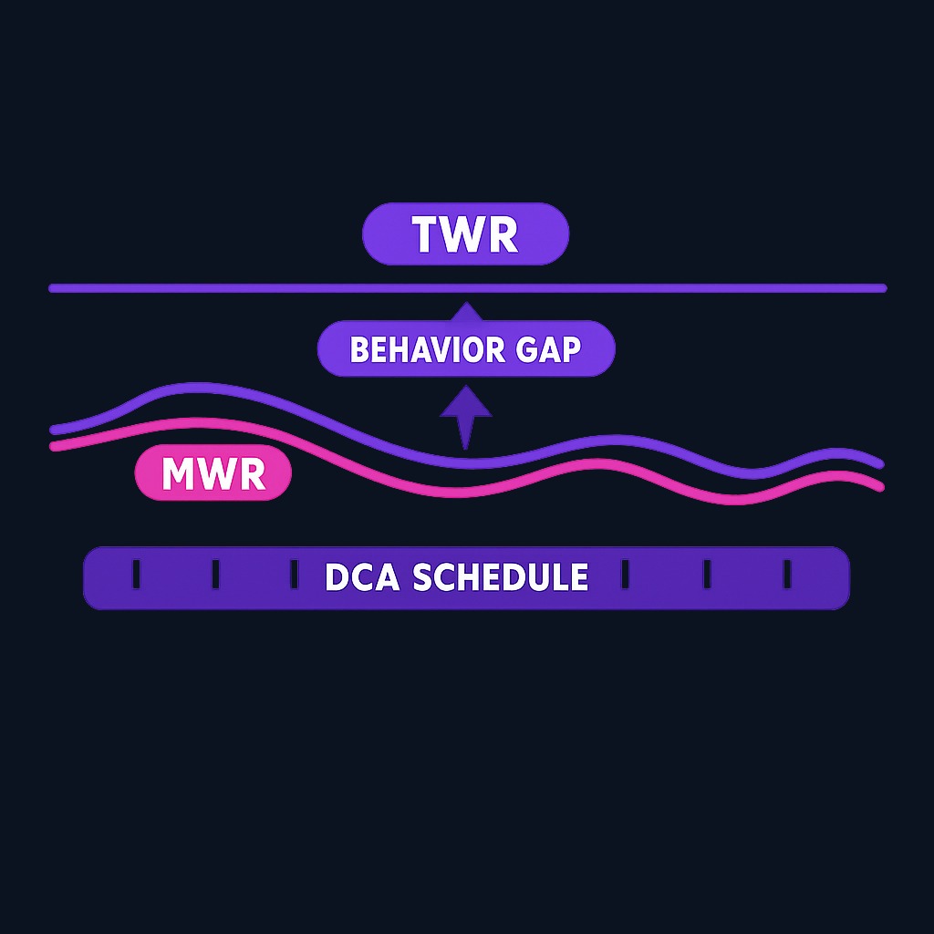 The gap between your MWR and the portfolio's TWR reveals your timing behavior. A consistently lower MWR suggests you've been adding money near peaks or selling near troughs. Regular, scheduled investing (like dollar-cost averaging) reduces this gap by removing emotion from the timing decision.