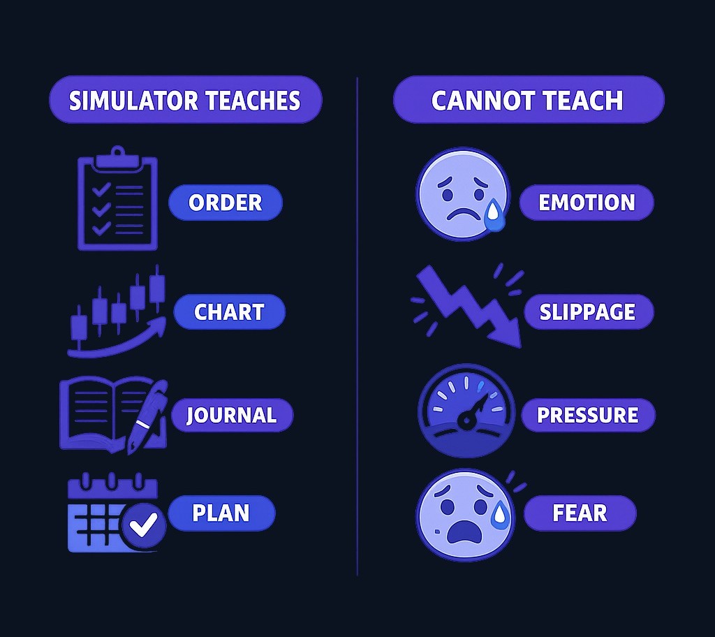 Simulators excel at teaching mechanics—order types, chart reading, journaling. But they can't replicate real-money emotion, actual
