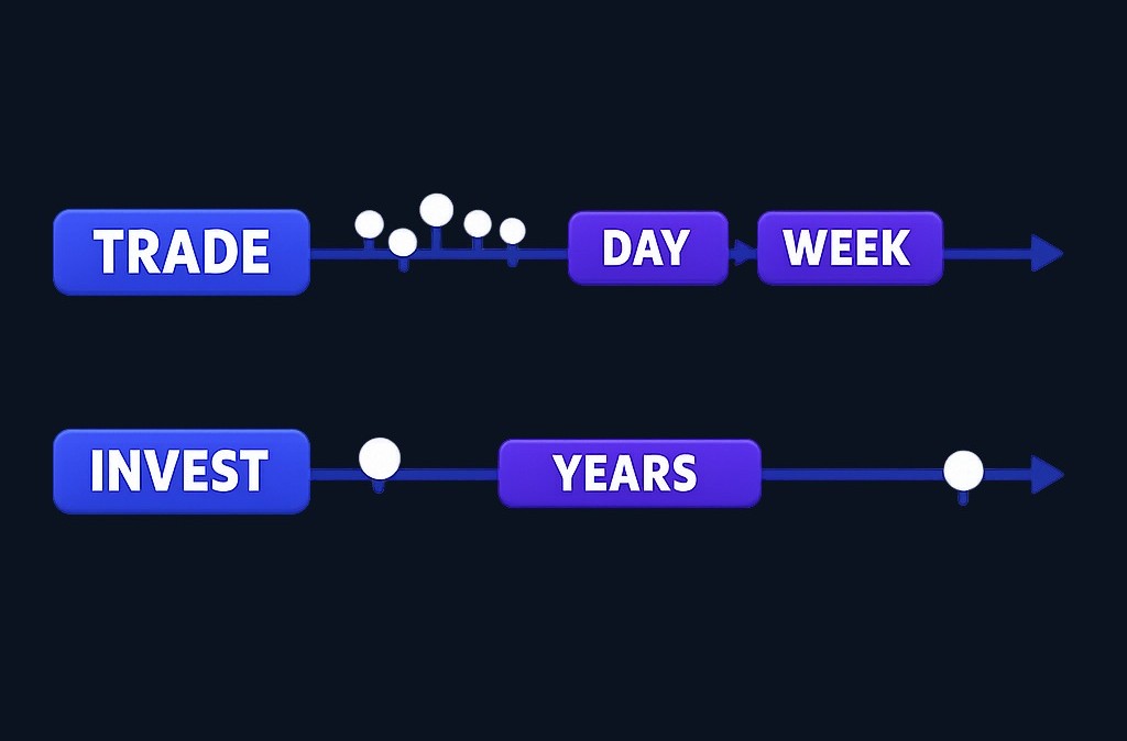 Trading involves shorter timeframes with active decisions on price movements, while investing focuses on long-term ownership and patience. Both are legitimate approaches to markets—the difference is in decision style, not superiority.