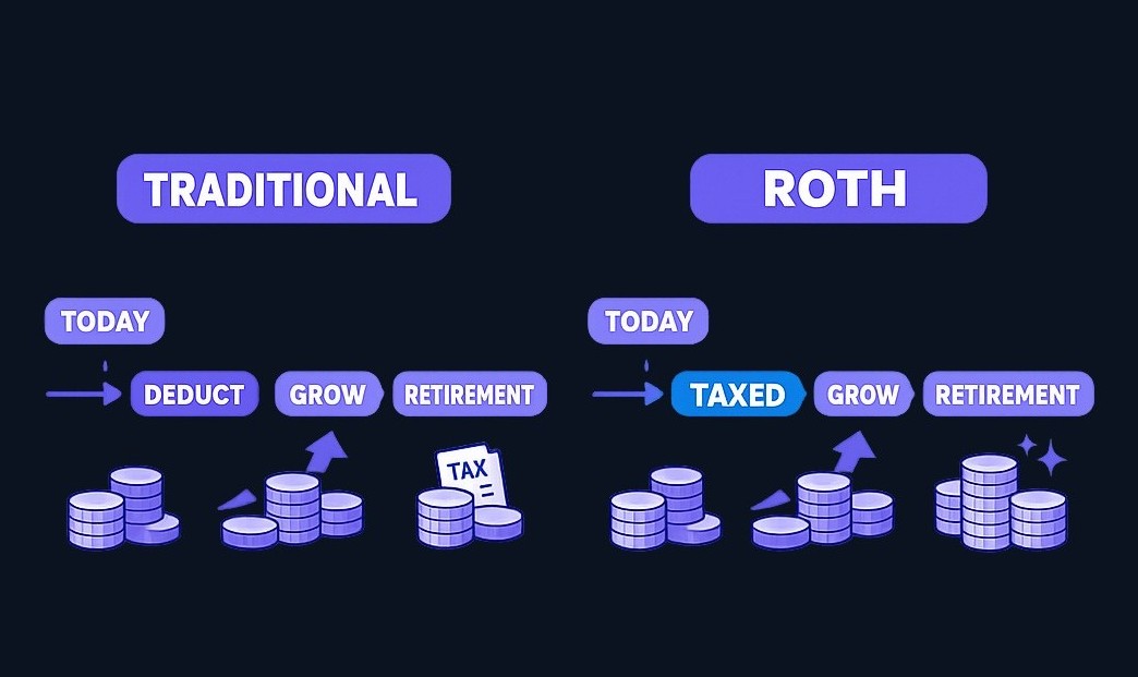 The fundamental trade-off: Traditional IRAs defer taxes until retirement, while Roth IRAs require tax payment upfront but offer tax-free growth and withdrawals.