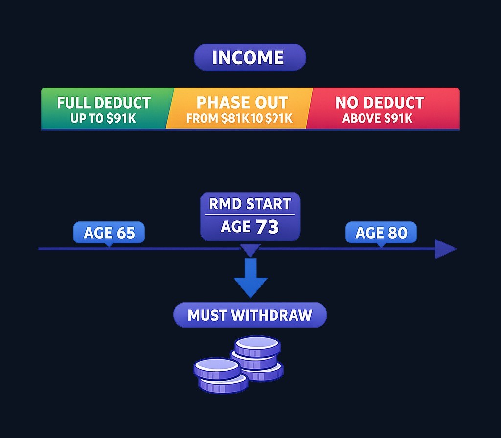Traditional IRA deductibility decreases as income rises (if you have a workplace plan), and required minimum distributions begin at age 73, forcing taxable withdrawals on the IRS schedule.