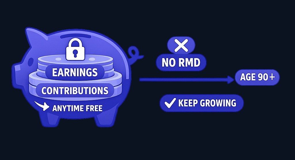 Roth IRAs allow penalty-free access to contributions anytime and never require distributions, letting your money compound indefinitely.
