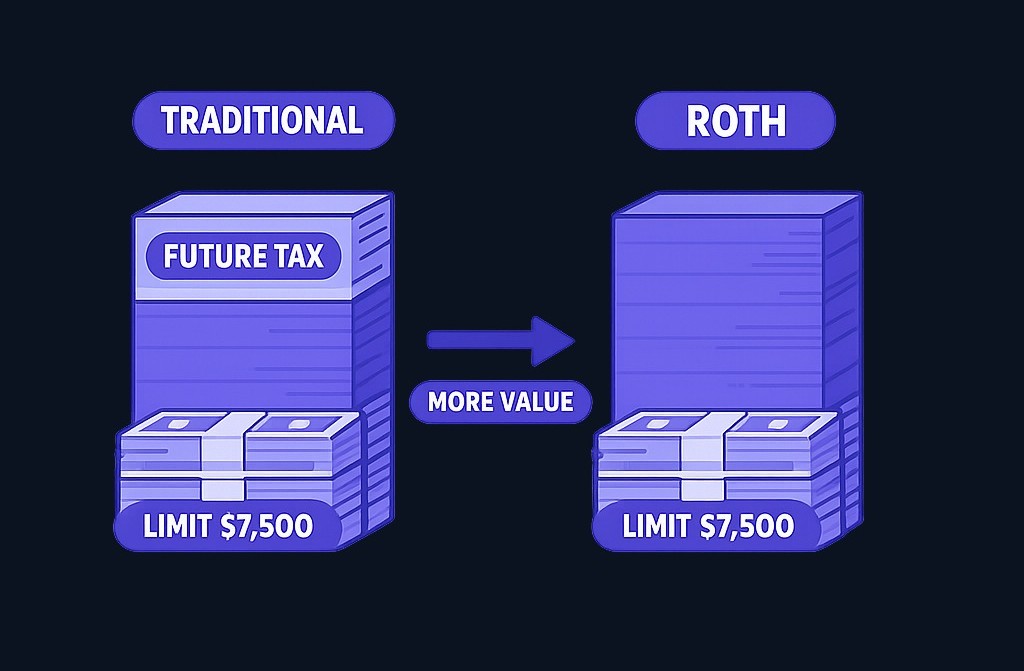 Since both accounts share the same contribution limit, a $7,500 Roth contribution shelters more real wealth than $7,500 pre-tax in a Traditional IRA that still owes future taxes.