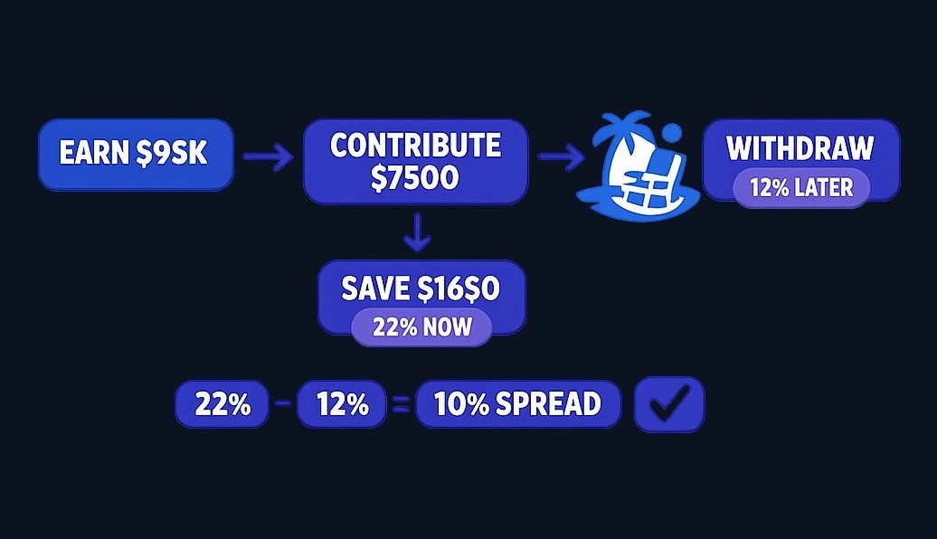 In this scenario, contributing $7,500 saves $1,650 in taxes today at a 22% bracket. If withdrawn later at a 12% rate, the 10-percentage-