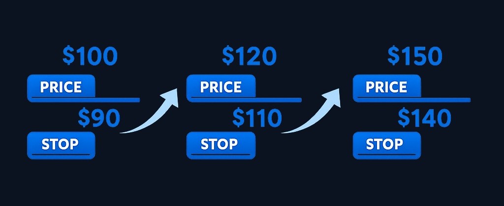 As the price climbs from $100 to $150, the trailing stop automatically moves up from $90 to $140, always maintaining a $10 distance below the current price.