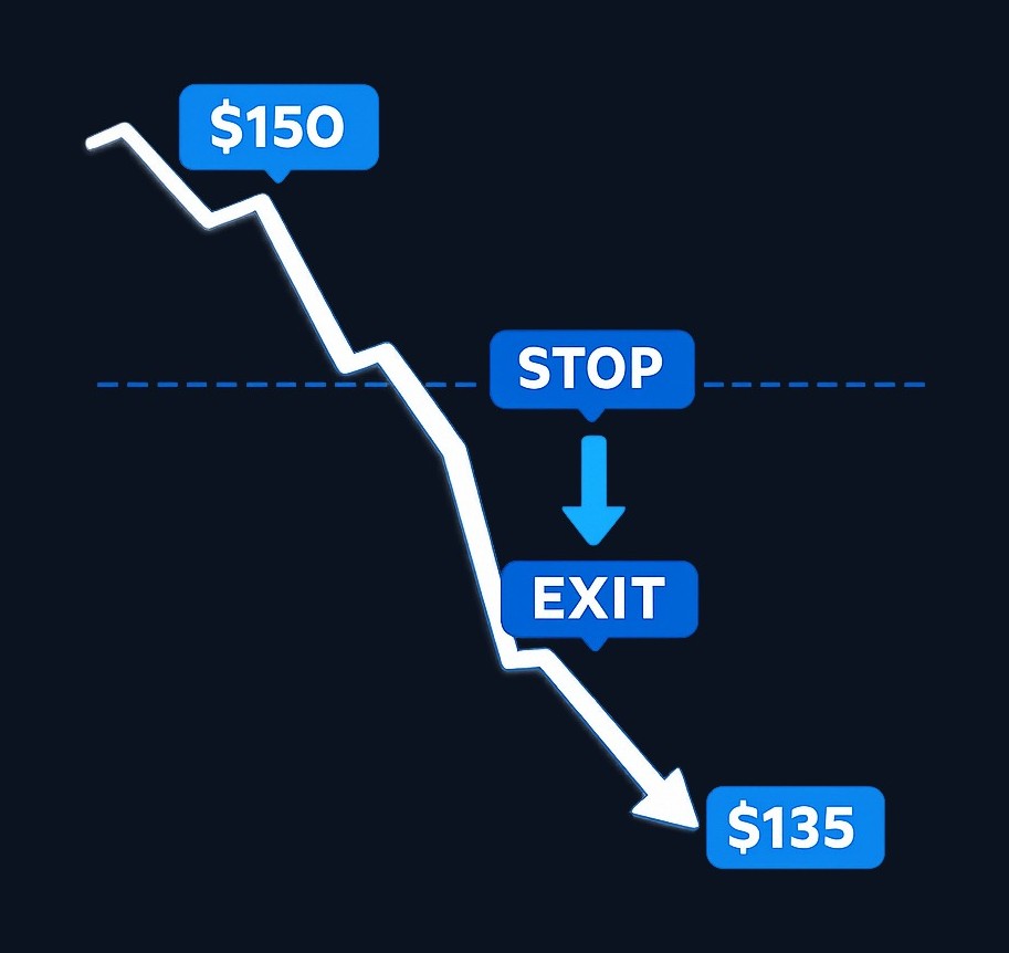 When the price suddenly drops from $141 to $135, the trailing stop (set at $140) triggers a market order. You exit around $135–$138