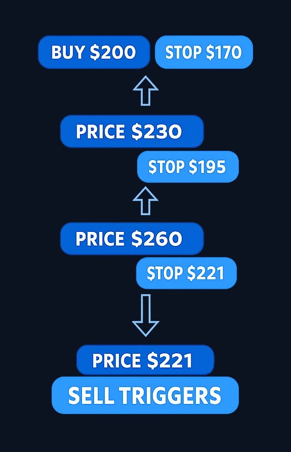 Starting at $200 with a 15% trailing stop: initial stop is $170. Price rises to $230, stop moves to $195. Price hits $260, stop rises to $221. When price drops to $221, the stop triggers—locking in a $21 gain per share.