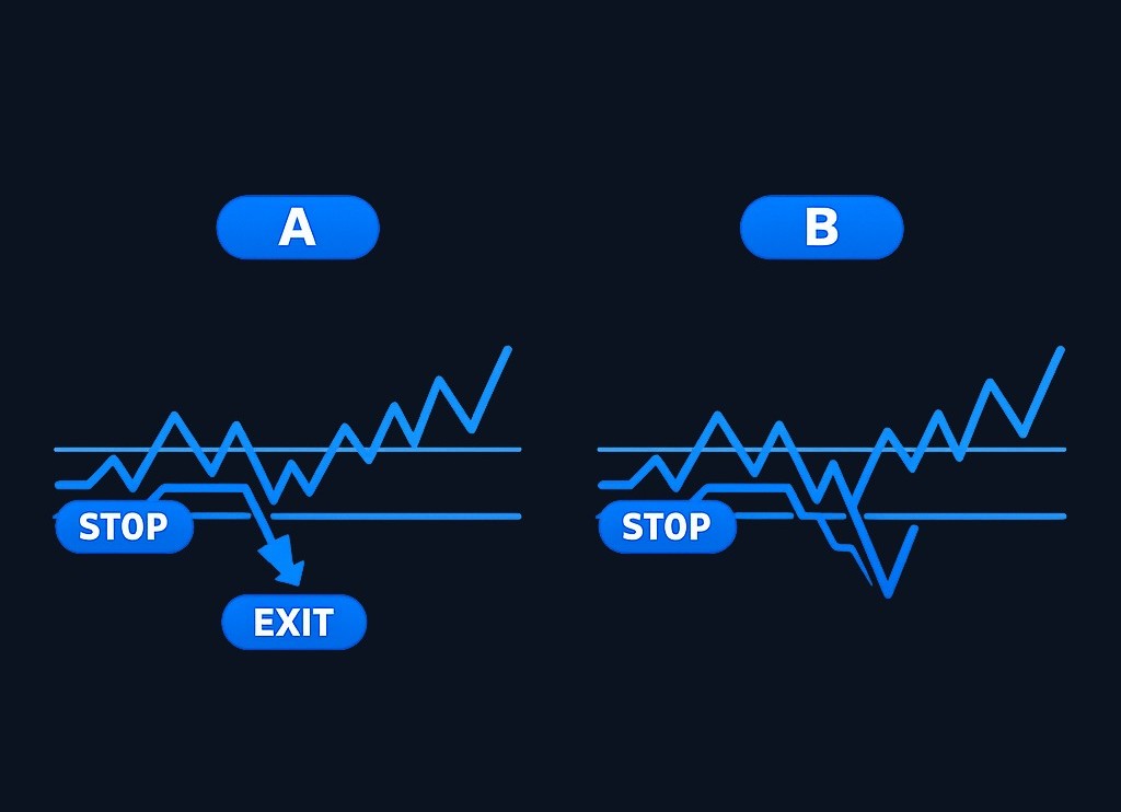 COMPARISON-DARK.JPG In a choppy, sideways market, the price moves up and down within a narrow range. A trailing stop can trigger on normal noise, forcing