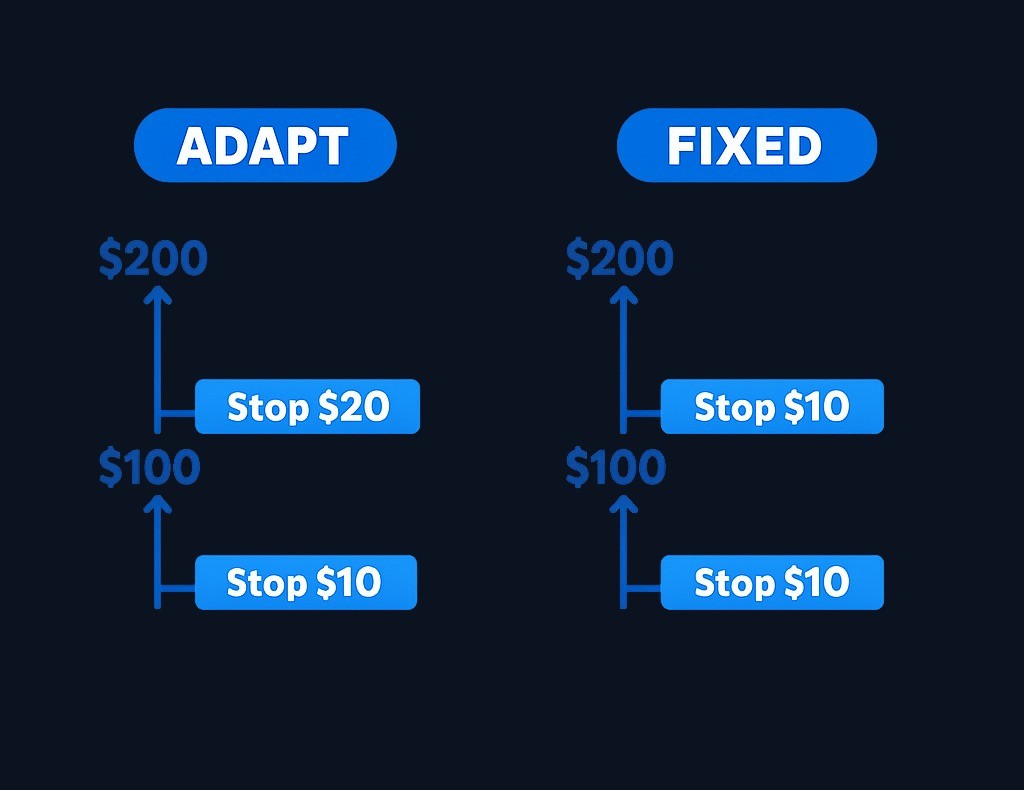 COMPARISON-DARK.JPG Percentage trailing stop adapts to price growth: at $100 a 10% stop is $10 away, but at $200 it's $20 away. Dollar trailing stop stays fixed:
