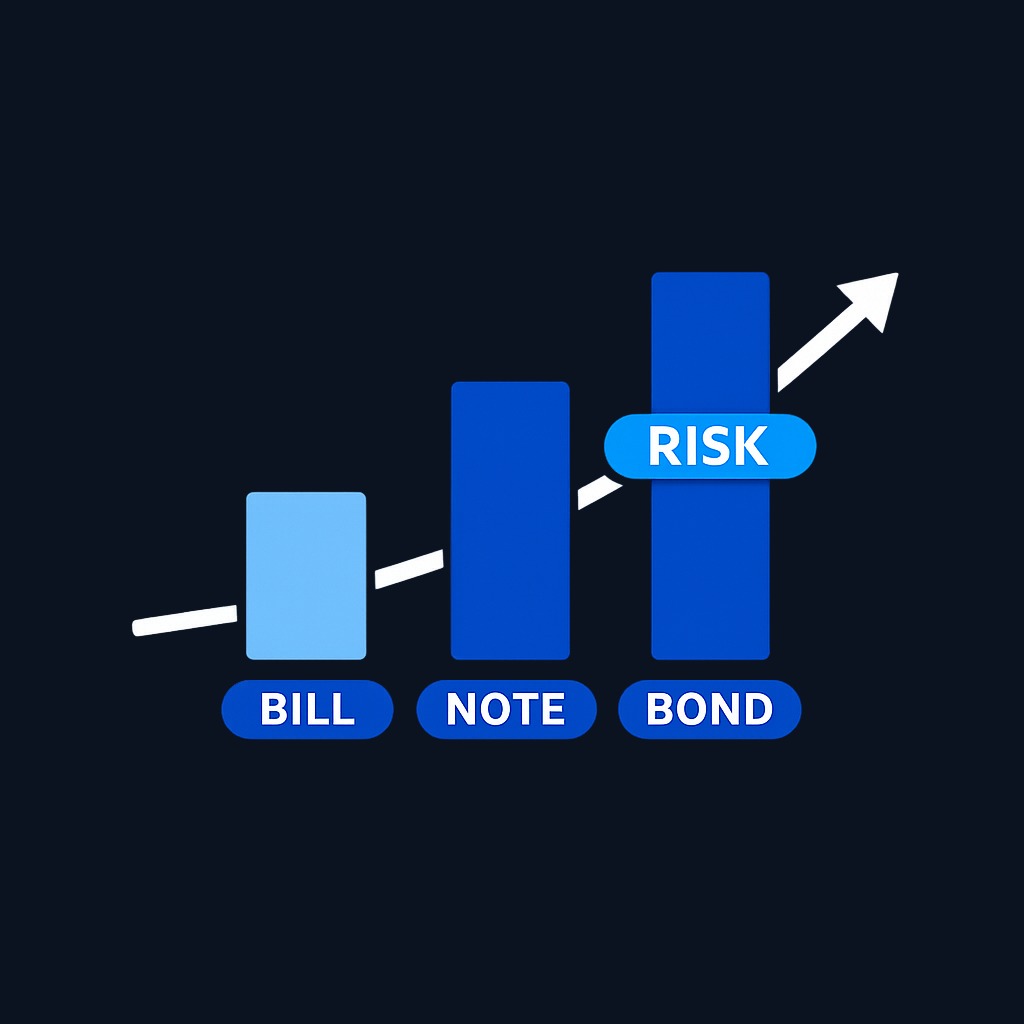 As maturity extends from bills to notes to bonds, interest rate risk increases while credit risk remains constant across all three.