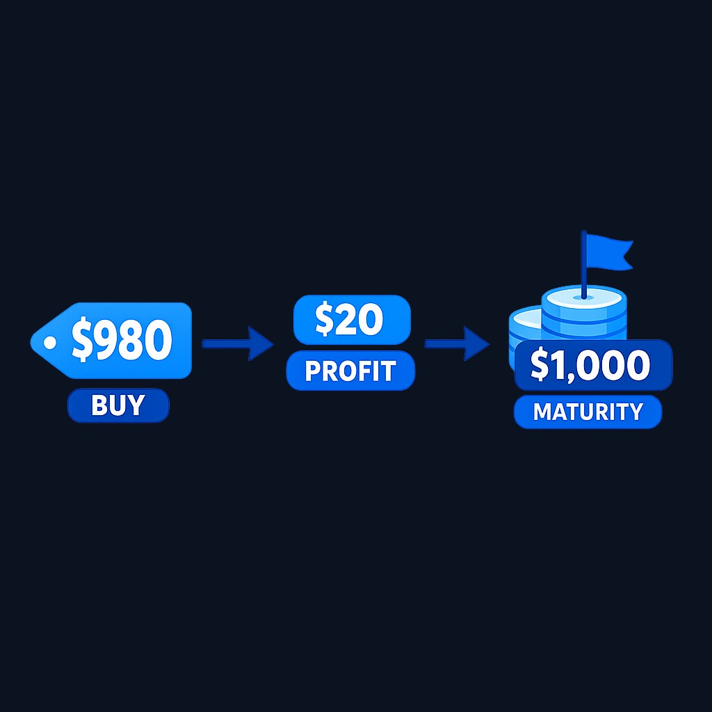 Treasury bills are purchased at a discount to face value. The difference between your purchase price and the $1,000 face value you receive at maturity is your profit.