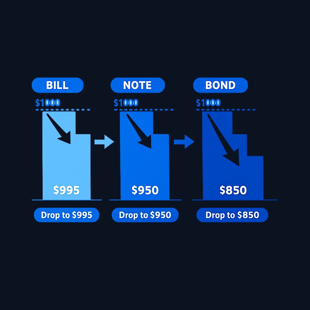When interest rates rise by 1%, a 30-year bond's price can drop significantly more than a 2-year note or a 6-month bill due to higher duration.