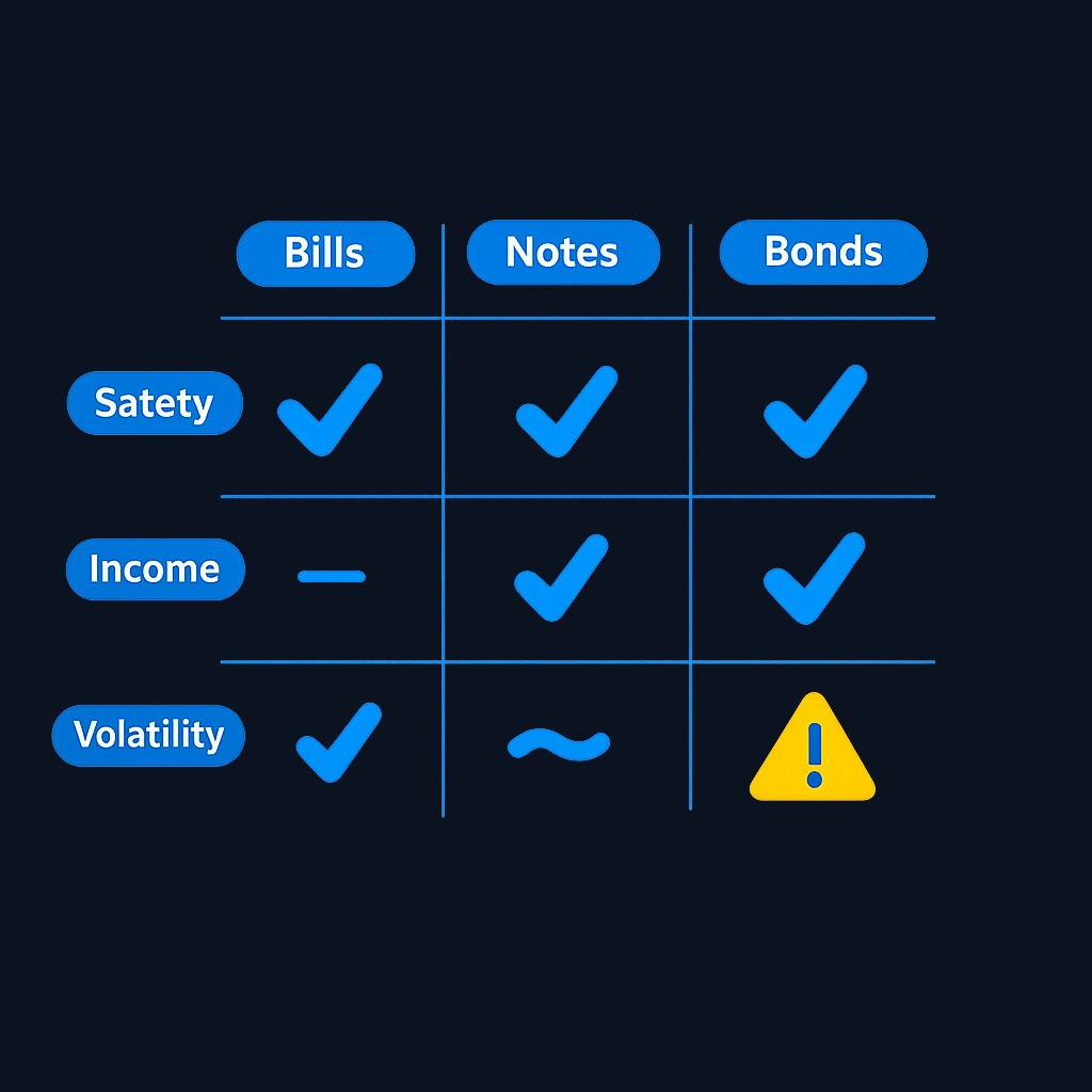 Each Treasury security offers different tradeoffs between yield stability, income predictability, and price volatility. Match the security to your timeline and risk tolerance.