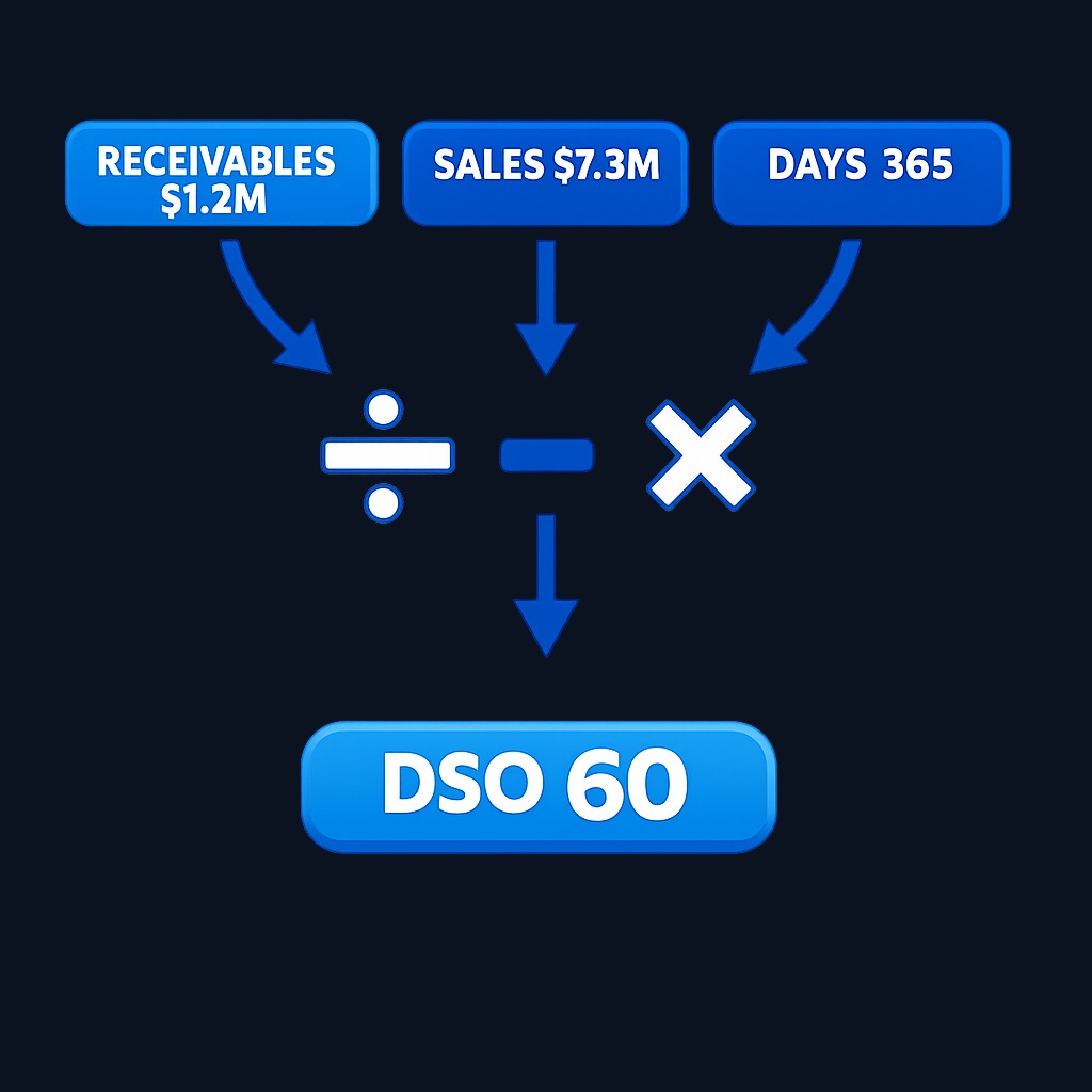 DSO formula in action: $1.2M receivables ÷ $7.3M credit sales × 365 days = 60 days average collection time.