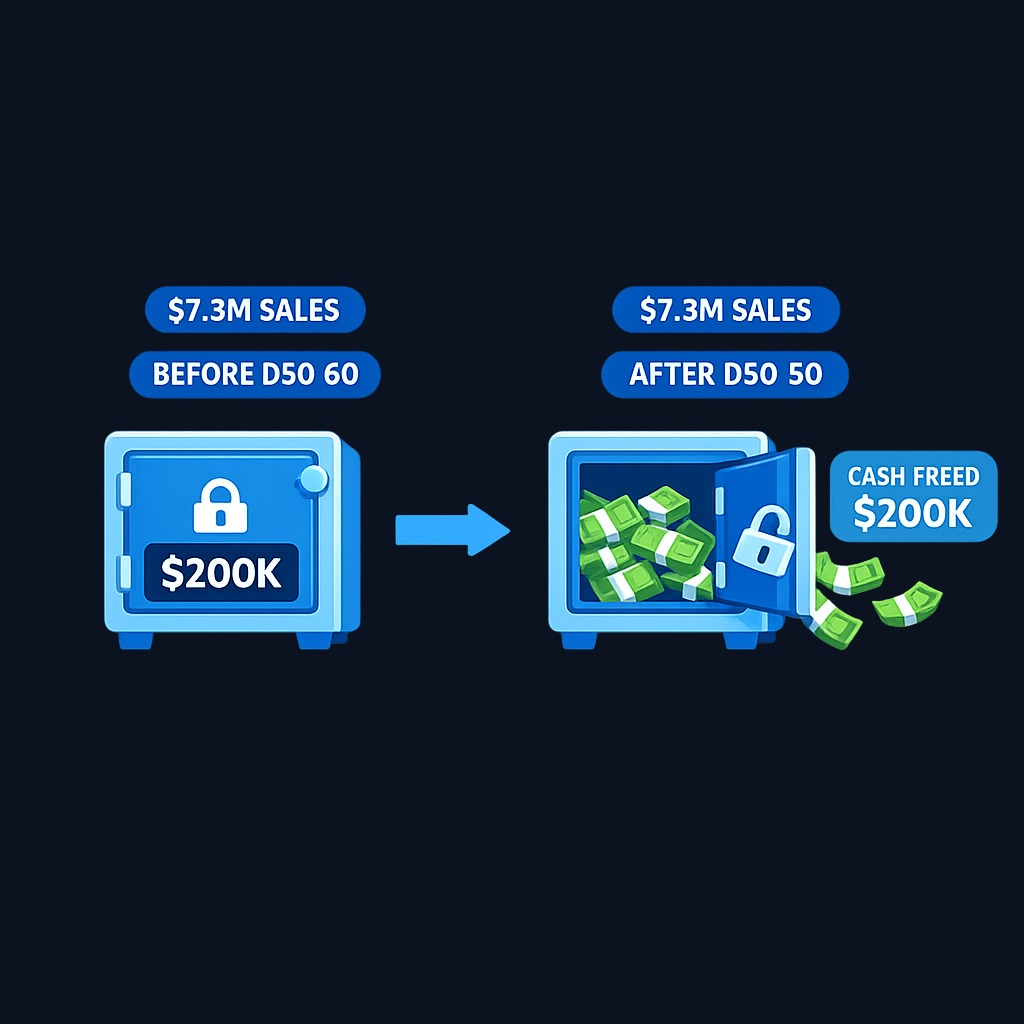 Reducing DSO by 10 days at $7.3M annual credit sales permanently frees approximately $200,000 in working capital—cash that was previously tied up in receivables.