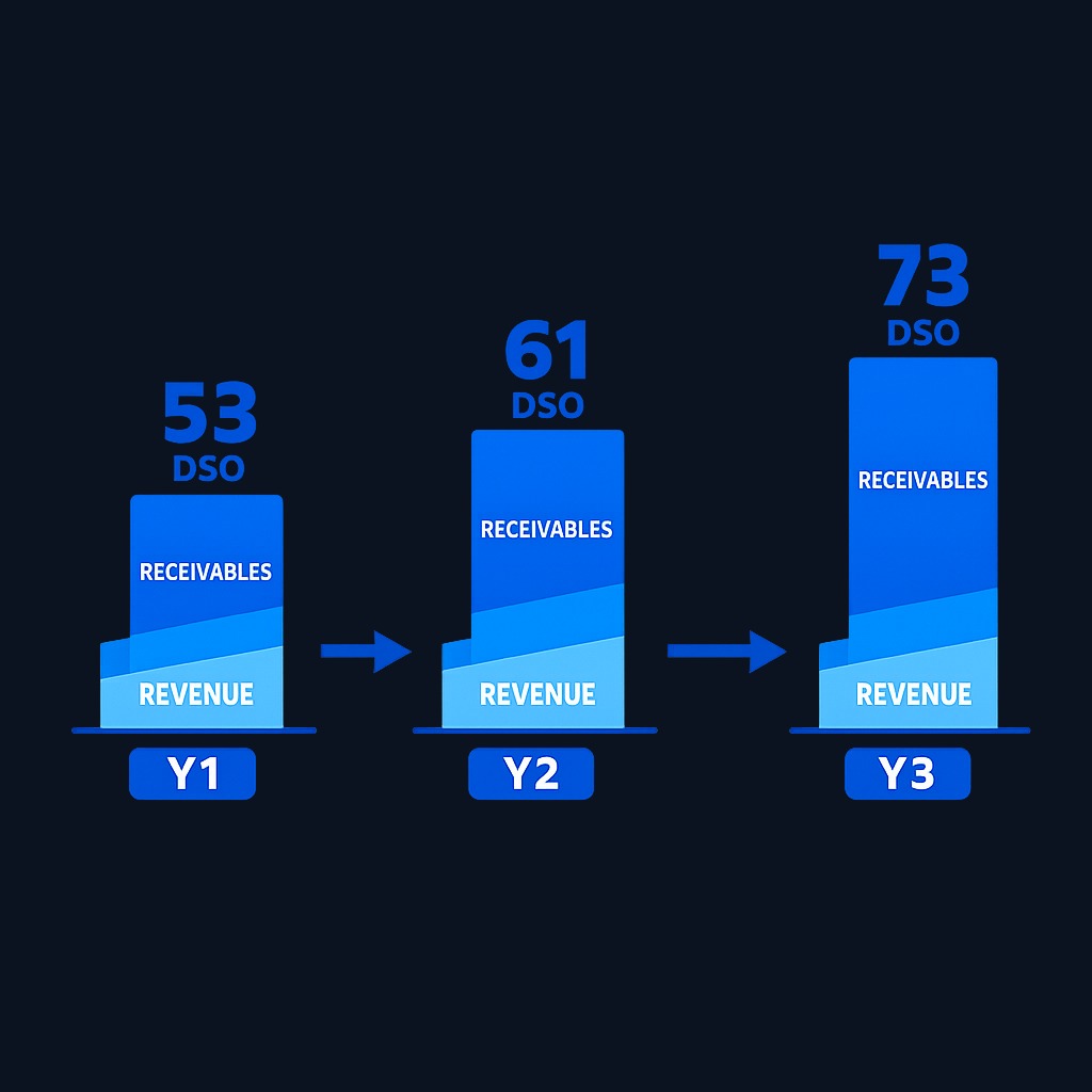 Meridian Industrial's warning signs: revenue grew steadily (20% annually) while receivables exploded (36%, then 53%), pushing DSO from 53 to 73 days. The gap between revenue growth and receivables growth signals deteriorating cash collection and potential earnings quality issues.