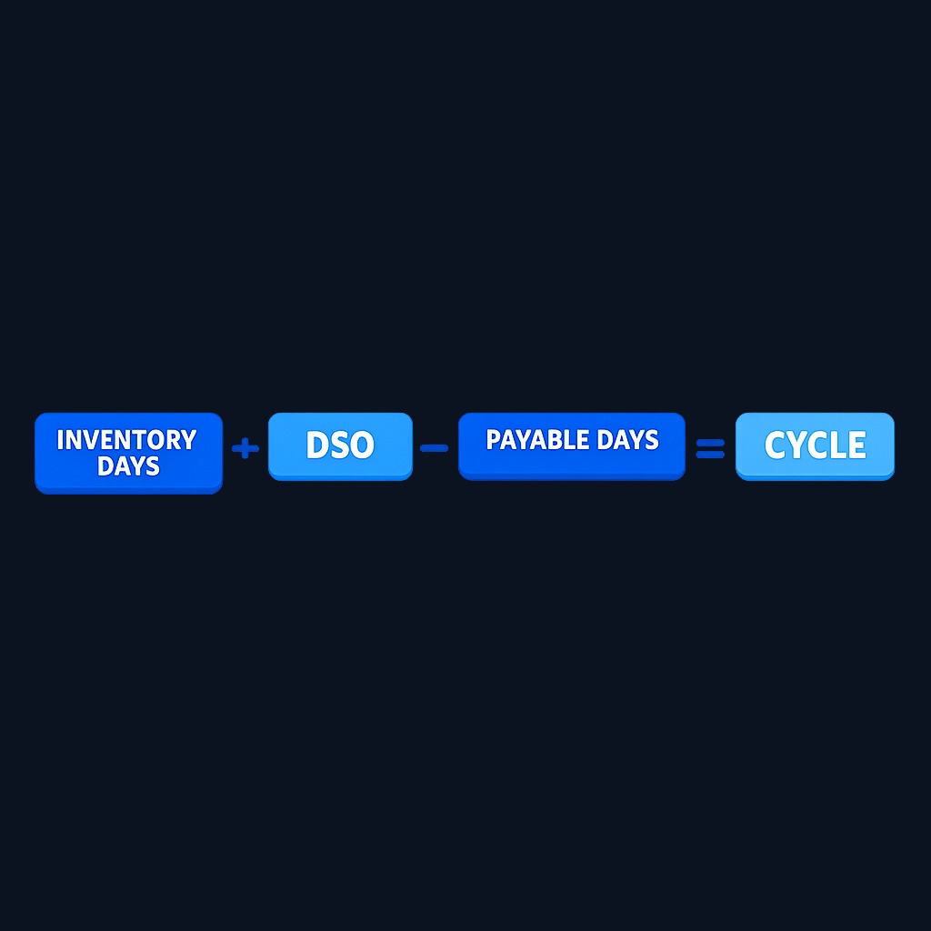 The cash conversion cycle formula: Days Inventory Outstanding + Days Sales Outstanding − Days Payables Outstanding = Cash Conversion Cycle. DSO is one component of how long cash remains tied up in operations.