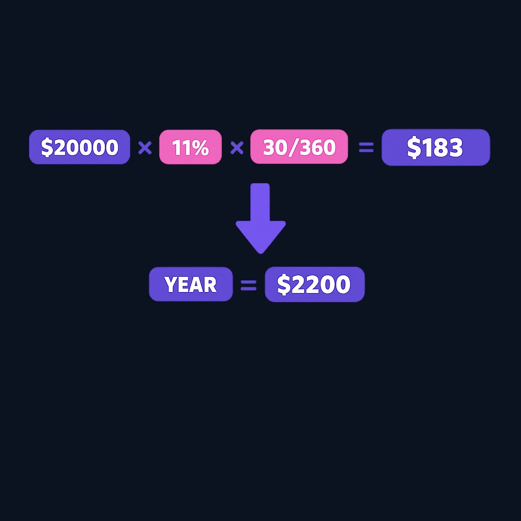 Example: Borrowing $20,000 at 11% annual interest for 30 days costs approximately $183. Over a full year, the cost approaches $2,200 before compounding.