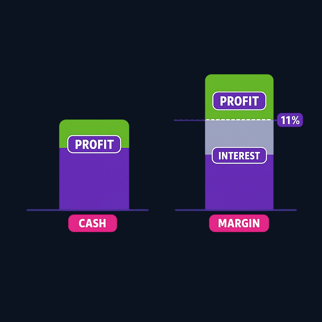 Margin interest raises your break-even point. A stock purchased with cash profits from any gain, but the same stock bought on margin at 11%