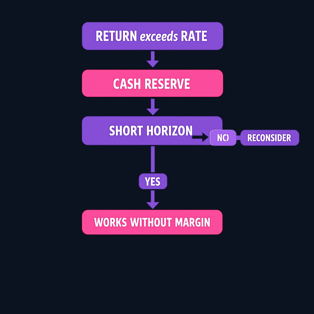 Before using margin, ask four questions in sequence. Each 'no' answer suggests borrowing may not be appropriate for that trade. Only