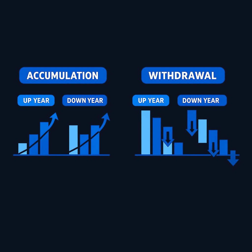 During accumulation, order doesn't matter much. During withdrawal, selling after a loss leaves fewer shares for recovery, compounding the