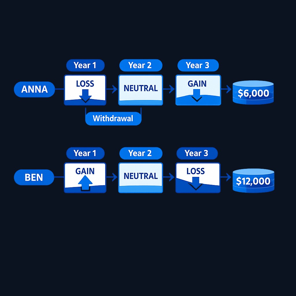 Anna and Ben: same starting balance ($500k), same annual withdrawal ($25k), same three returns (just reversed). Ben's portfolio survives