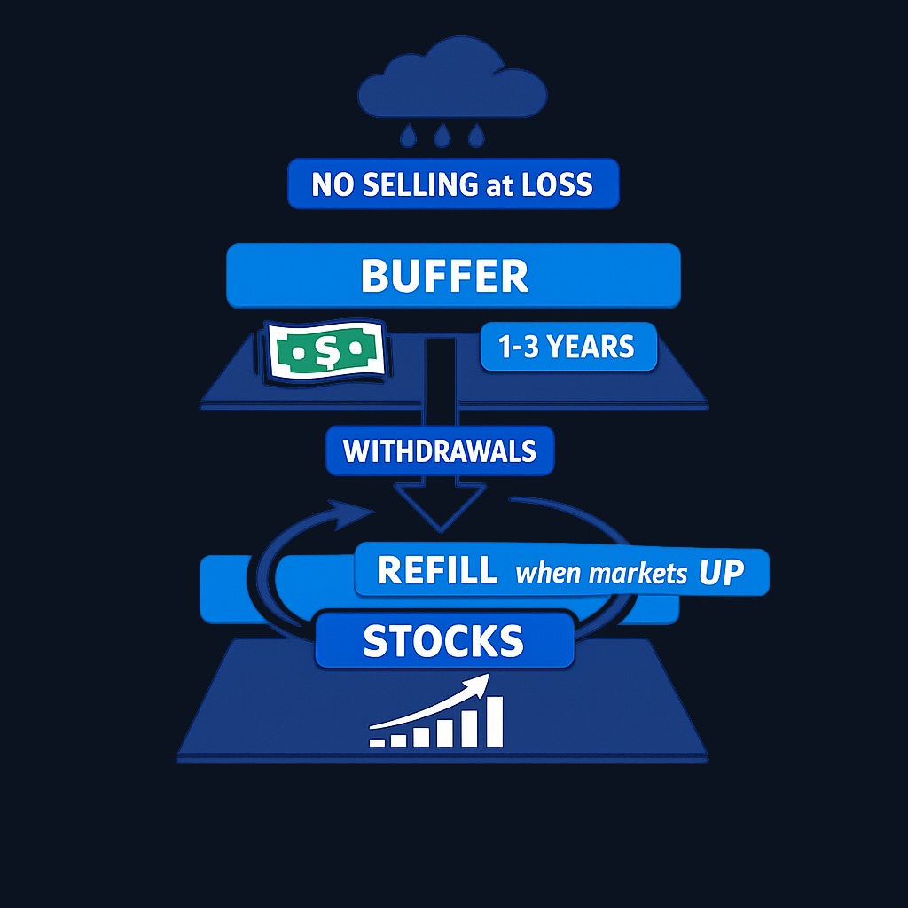 A cash buffer (1–3 years of withdrawals) lets you ride out market downturns without selling stocks at a loss. Refill the buffer during good years