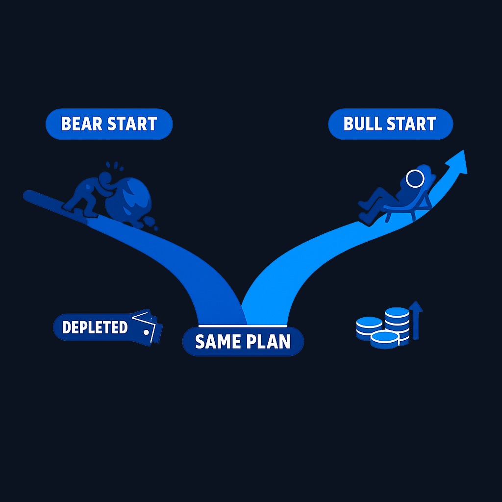 Same plan, different market timing: retire into a bear market and fight headwinds for decades; retire into a bull run and coast. You can't pick
