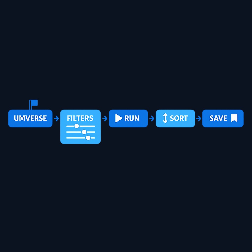 The typical screening workflow: choose your market universe, set filter conditions, run the screen, sort results by priority, and save the configuration for future use.
