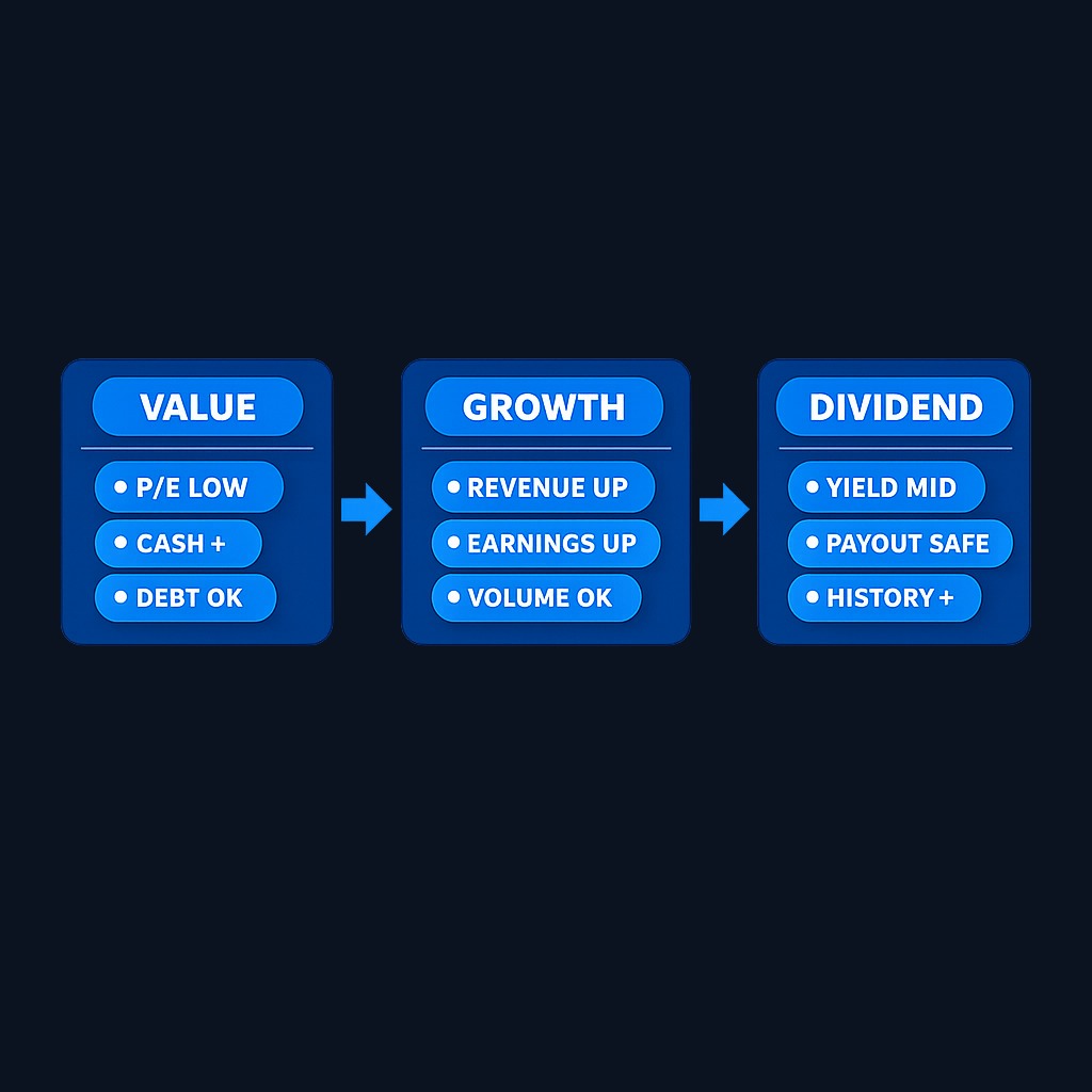 Three starter screens you can adapt: a value screen hunting underpriced companies with strong cash flow, a growth screen finding consistent revenue expansion, and a dividend income screen targeting reliable payers.